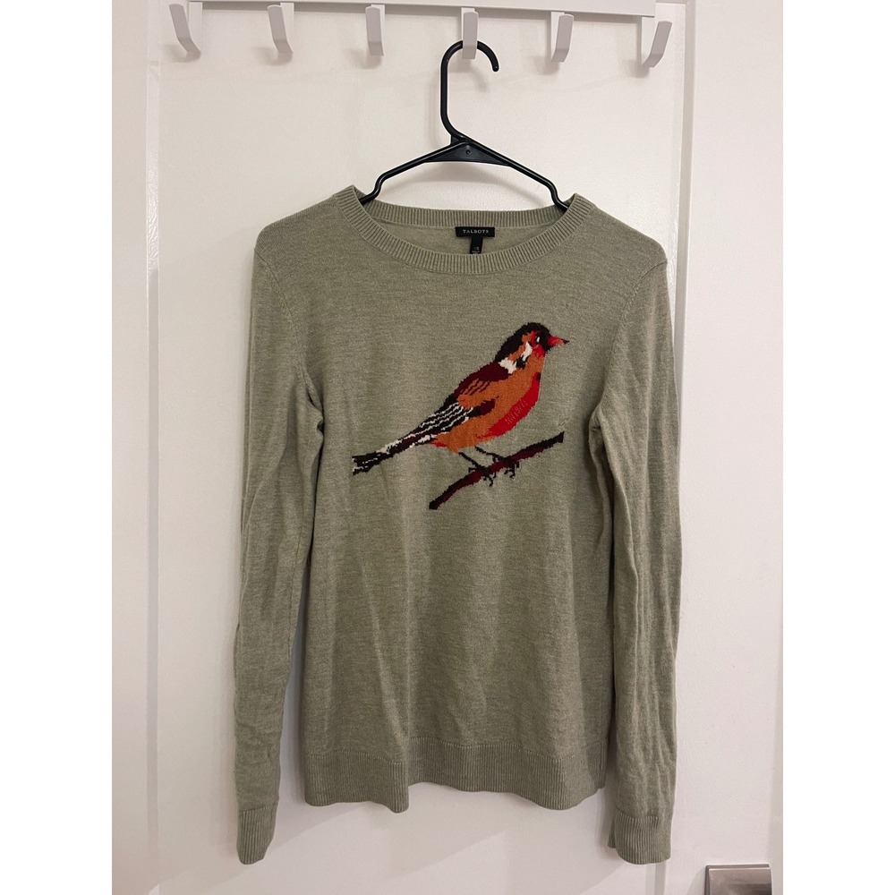 Talbots Bird Sweater Green Lambswool Scoop Neck Cottagecore Grandpacore Granola